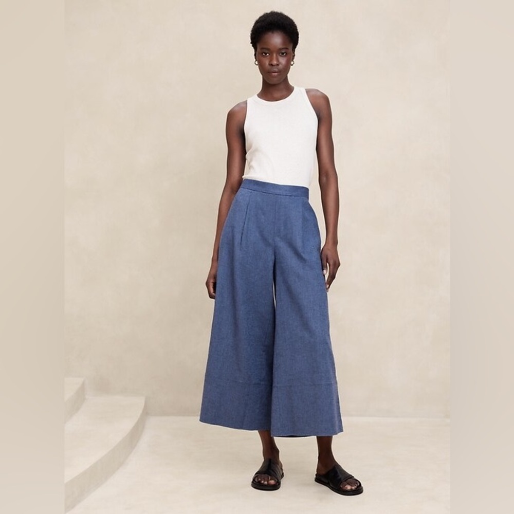 Banana Republic Navy Houndstooth Linen Blend Wide Leg Cuffed Crop Pants Small